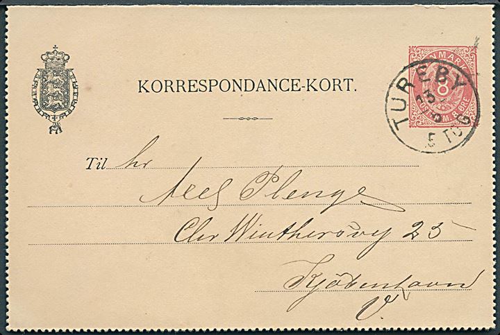 8 øre helsags korrespondancekort med indhold dateret i Dalby annulleret lapidar Tureby d. 13.5.1889 til Kjøbenhavn.