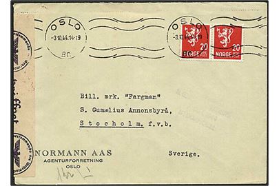 20 øre Løve i parstykke på brev fra Oslo d. 3.10.1944 til Stockholm, Sverige. Åbnet af tysk censur i Oslo.