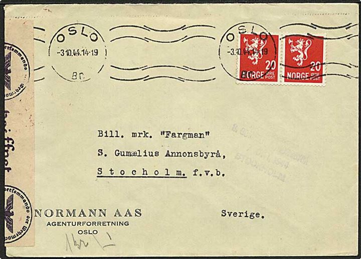 20 øre Løve i parstykke på brev fra Oslo d. 3.10.1944 til Stockholm, Sverige. Åbnet af tysk censur i Oslo.