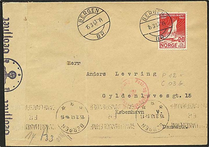 20+10 øre Redningsselskapet på brev fra Bergen d. 15.3.1943 til København, Danmark. Åbnet af tysk censur i Oslo og passér stemplet ved censuren i København.