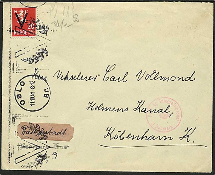20 øre V provisorium single på brev fra Oslo d. 11.10.1941 til København, Danmark. Åbnet af tysk censur i Oslo og lukketmed neutral brun banderole.
