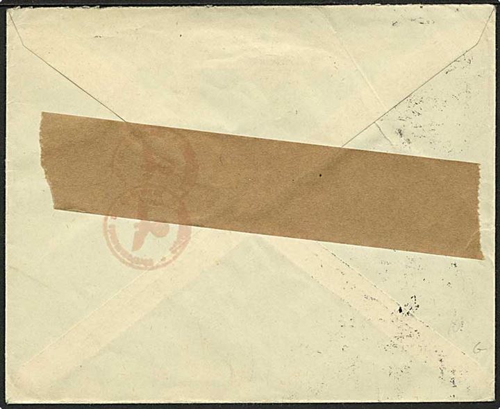 20 øre V provisorium single på brev fra Oslo d. 11.10.1941 til København, Danmark. Åbnet af tysk censur i Oslo og lukketmed neutral brun banderole.