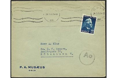 60 øre Grieg single på brev fra Oslo d. 24.1.1945 til København, Danmark. Passér stemplet Ao ved den tyske censur i Oslo.