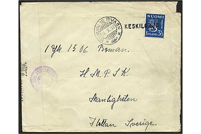 3½ mk. Løve på brev annulleret med brevhus stempel Keskilohja og sidestemplet 16 P.Vagn d. 31.10.1942 til svensk sømand ombord på panserskibet HMPSK Mandigheten, Flottan, Sverige. Åbnet af finsk censur.