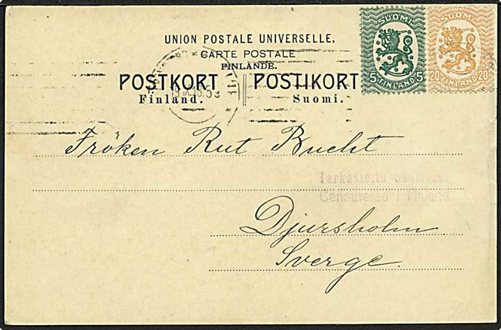 5 p. og 20 p. Løve udg. på brevkort fra Helsingfors d. 19.9.1918 til Djursholm, Sverige. 2-sproget censurstempel: Censurerad i Finland.