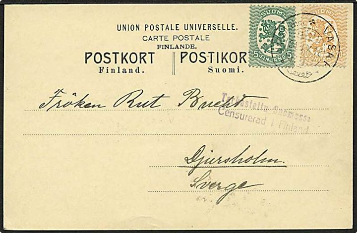 5 p. og 20 p. Løve udg. på brevkort fra Vasa d. 24.9.1918 til Djursholm, Sverige. 2-sproget censurstempel: Censurerad i Finland.