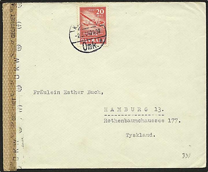 20 øre DDL single på brev fra København d. 2.3.1944 til Hamburg, Tyskland. Åbnet af tysk censur i Hamburg.