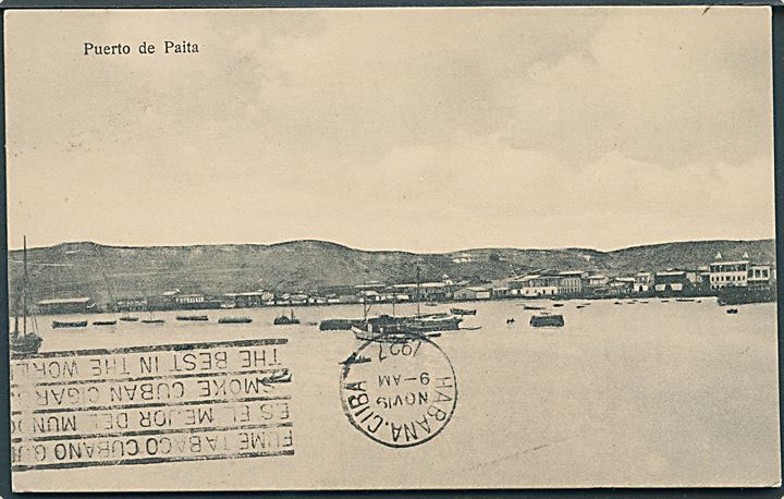 Peru, Puerto d Paita. Havneparti. Dateret ombord på SS Essequibo ved Balboa frankeret britisk 1½d George V annulleret Paquebot og på bagsiden sidestemplet Habana, Cuba d. 19.11.1927 til Göteborg, Sverige.