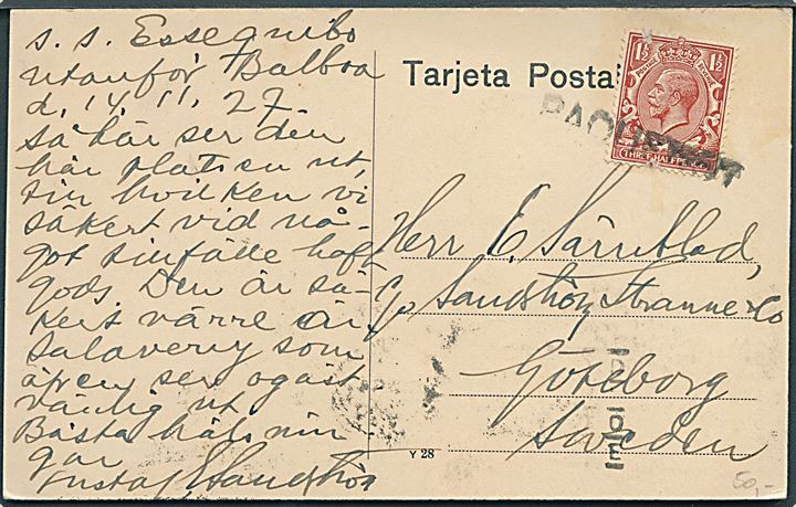 Peru, Puerto d Paita. Havneparti. Dateret ombord på SS Essequibo ved Balboa frankeret britisk 1½d George V annulleret Paquebot og på bagsiden sidestemplet Habana, Cuba d. 19.11.1927 til Göteborg, Sverige.