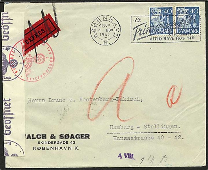 40 øre Karavel i parstykke på ekspres brev fra København d. 4.11.1942 til Hamburg, Tyskland. Åbnet af tysk censur i Hamburg.