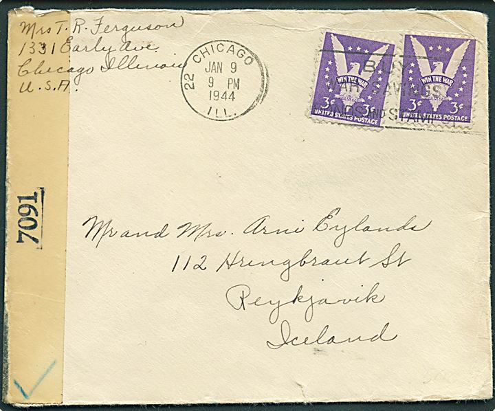 3 cents Win the War (2) på brev fra Chicago d. 9.1.1944 til Reykjavik, Island. Åbnet af amerikansk censur no. 7091.