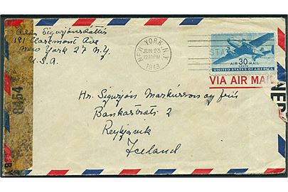 30 cents Transport på luftpostbrev fra New York d. 23.6.1943 til Reykjavik, Island. Åbnet af amerikansk censur no. 8454.