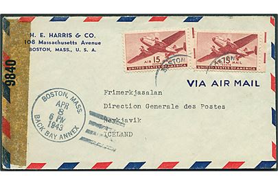 15 cents Transport (2) på luftpostbrev fra Boston Back Bay Annex d. 8.4.1943 til Reykjavik, Island. Åbnet af amerikansk censur no. 9840.