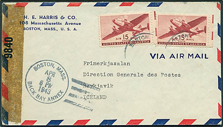 15 cents Transport (2) på luftpostbrev fra Boston Back Bay Annex d. 8.4.1943 til Reykjavik, Island. Åbnet af amerikansk censur no. 9840.