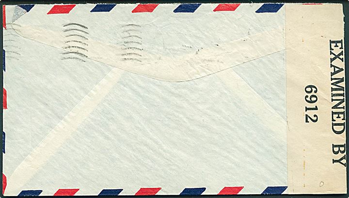 10 cents Tyler i 3-stribe på luftpostbrev fra Long Island d. 8.1.1943 til Reykjavik, Island. Åbnet af amerikansk censur no. 6912. Noteret ankommet d. 23.2.1943.