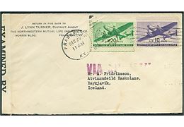 10 cents og 20 cents Transport på luftpostbrev fra Frankfort d. 29.12.1942 til Reykjavik, Island. Åbnet af amerikansk censur no. 6253.