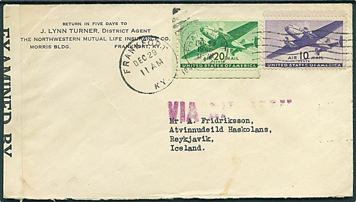 10 cents og 20 cents Transport på luftpostbrev fra Frankfort d. 29.12.1942 til Reykjavik, Island. Åbnet af amerikansk censur no. 6253.
