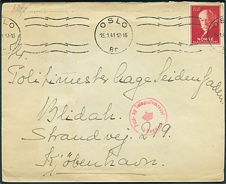 20+10 øre Nansen på brev fra Oslo d. 15.1.1941 til København, Danmark. Åbnet af tysk censur i Oslo og passérstemplet ved censuren i København.