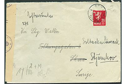 20 øre Løve på brev fra Straumsgrend d. x.2.1943 til Skara, Sverige - eftersendt. Åbnet af tysk censur i Oslo.