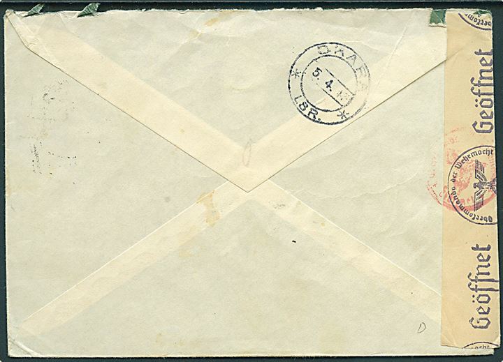 20 øre Løve på brev fra Straumsgrend d. x.2.1943 til Skara, Sverige - eftersendt. Åbnet af tysk censur i Oslo.