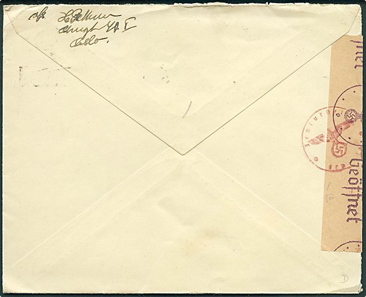 20 øre Løve på brev annulleret med TMS Norsk Front/Oslo d. 28.2.1945 til Bengtsfoss, Sverige. Åbnet af sen tysk censur i Oslo.