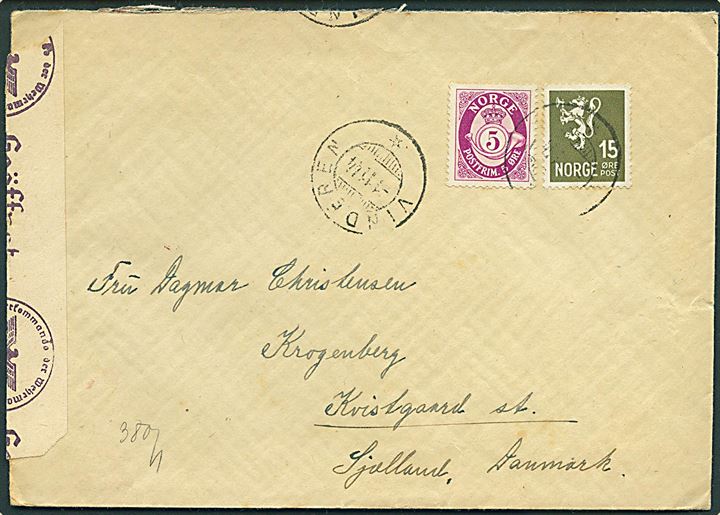 5 øre Posthorn og 15 øre Løve på brev fra Vinderen d. 1.11.1944 til Kvistgaard, Danmark. Åbnet af tysk censur i Oslo.