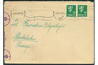 10 øre Løve i parstykke på brev fra Oslo d. 17.5.1944 til Stockholm, Sverige. Åbnet af tysk censur i Oslo.