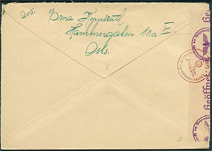 10 øre Løve i parstykke på brev fra Oslo d. 17.5.1944 til Stockholm, Sverige. Åbnet af tysk censur i Oslo.