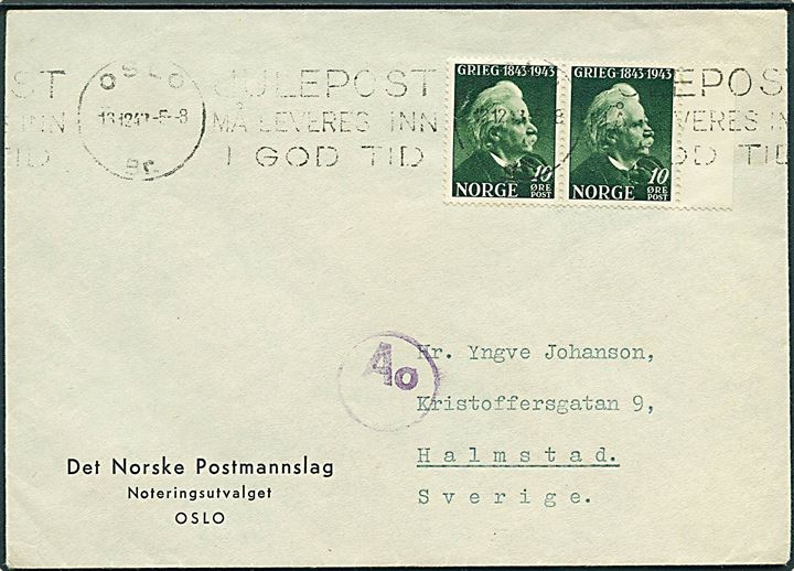 10 øre Grieg i parstykke på brev fra Oslo d. 13.12.1943 til Halmsted, Sverige. Passérstemplet Ao ved den tyske censur i Oslo.