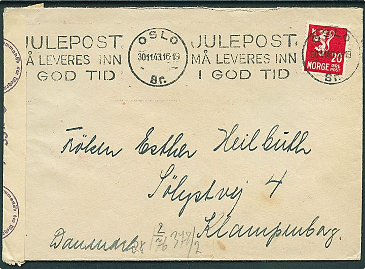 20 øre Løve på brev fra Oslo d. 30.11.1943 til Klampenborg, Danmark. Åbnet af tysk censur i Oslo.