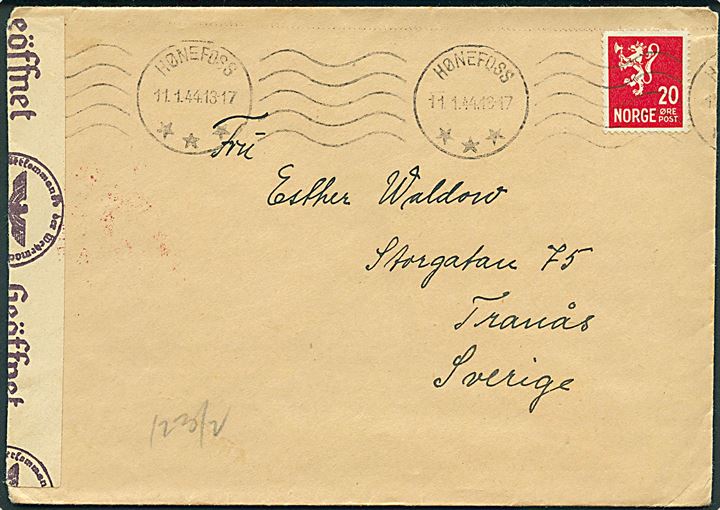 20 øre Løve på brev fra Hønefoss d. 11.1.1944 til Tranås, Sverige. Åbnet af tysk censur i Oslo.