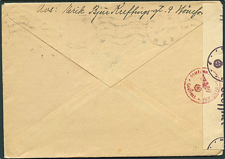 20 øre Løve på brev fra Hønefoss d. 11.1.1944 til Tranås, Sverige. Åbnet af tysk censur i Oslo.