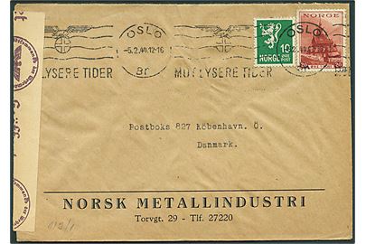 10 øre Løve og 20 øre Turist udg. på brev annulleret med TMS Mot Lysere Tider/Oslo d. 5.2.1944 til København, Danmark. Åbnet af tysk censur i Oslo.