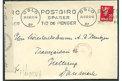 20 øre Løve på brev fra Oslo d. 24.5.1943 til Hellerup, Danmark. Åbnet af tysk censur i Oslo.