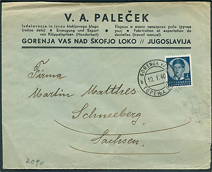 4 din. på brev fra Gorenja Vas d. 10.1.1940 til Schneeberg, Tyskland. Åbnet af tysk censur.