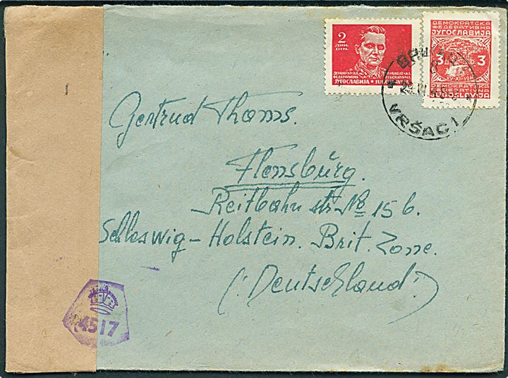 2 din. og 3 din. på brev fra Vrsac d. 29.6.1948 til Flensburg, Tyskland. Åbnet af sen britisk efterkrigscensur.