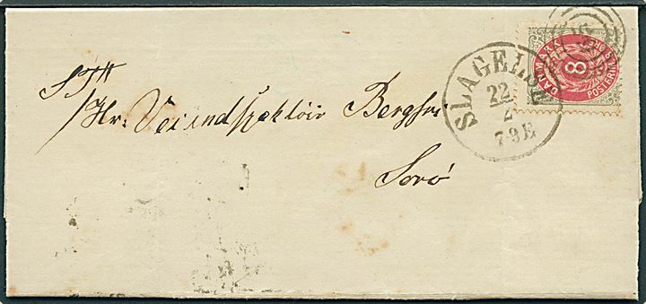 8 øre Tofarvet på brev med indhold dateret Lundforlund annulleret med nr.stempel 65 og sidestemplet antiqua Slagelse d. 22.2.1876 til Sorø.