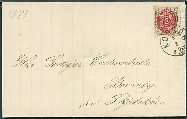 8 øre Tofarvet på brev annulleret med kombineret nr.stempel 37/Korsør d. 8.2.1877 til Borreby pr. Skjelskör.