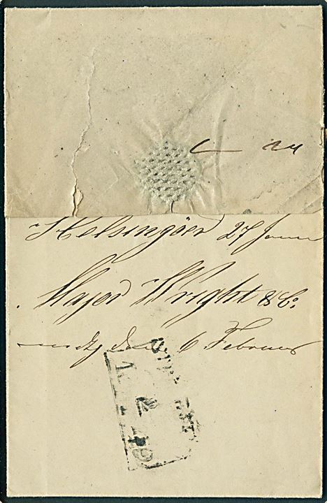 1849. Francobrev med blåt antiqua Helsingør d. 30.1.1849 via Strömstad til Mandal, Norge.