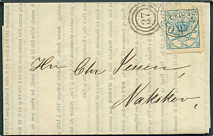 2 sk. Krone/Scepter på markedsberetning dateret London d. 4.5.1868 annulleret med kombineret nr.stempel 37/Korsør d. 7.5.1868 til Nakskov.