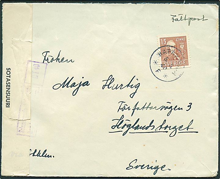 15 öre Linné på brev stemplet Haparanda *F* d. 5.3.1940 til Höglandstorget, Sverige. Sendt fra frivillig no. 2278 i S.F.K. avd. 646 = Svenska Frivilligkåren depåintpluton. Åbnet af finsk censur.