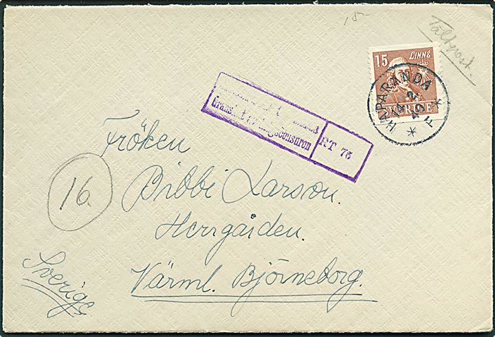 15 öre Linné på brev stemplet Haparanda *F* d. 14.2.1940 til Värml. Björneborg, Sverige. Sendt fra frivillig no. 2697 i S.F.K. avd. 112 = Svenska Frivilligkåren  1. Gruppe 2. Skytte Komp. Finsk censur.
