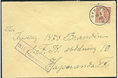 15 öre Linné på brev fra Gustafsborg annulleret med bureaustempel PKP 172 d. 19.2.1940 til Frivillig no. 1473 ved S.F.K. Avd. 10 (= Kårchefen med stab), Haparanda F. Finsk censur.