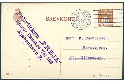 10 øre helsagsbrevkort (fabr. 101-H) annulleret med forsøgs-maskinstempel København *OMK.* d. 30.8.1934 til Slangerup.