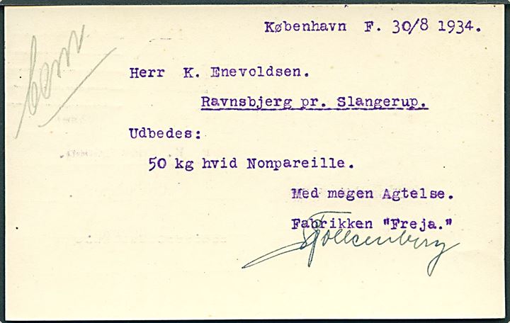 10 øre helsagsbrevkort (fabr. 101-H) annulleret med forsøgs-maskinstempel København *OMK.* d. 30.8.1934 til Slangerup.