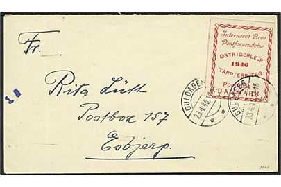 Interneret brev / Østrigerlejr 1946 brevmærkat på flygtningebrev stemplet Guldager d. 23.4.1946 til Esbjerg. Afs. Tarplejr pr. Esbjerg.