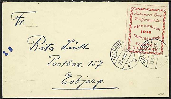 Interneret brev / Østrigerlejr 1946 brevmærkat på flygtningebrev stemplet Guldager d. 23.4.1946 til Esbjerg. Afs. Tarplejr pr. Esbjerg.