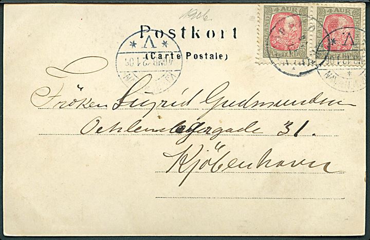 4 aur Chr. IX i parstykke på brevkort annulleret med svagt stempel i Seydisfjord d. 28.12.1905 til Kjøbenhavn, Danmark.