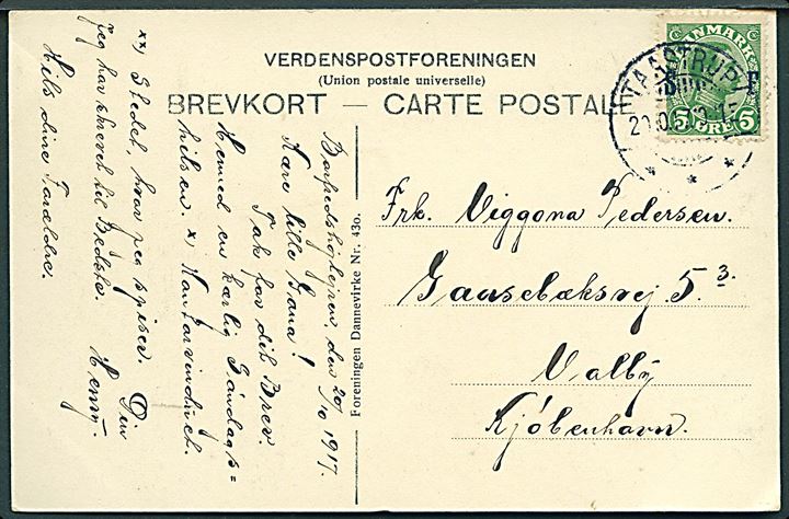 5 øre Soldaterfrimærke på brevkort (Grevelejren) fra Taastrup d. 2.11.1917 til Kjøbenhavn.