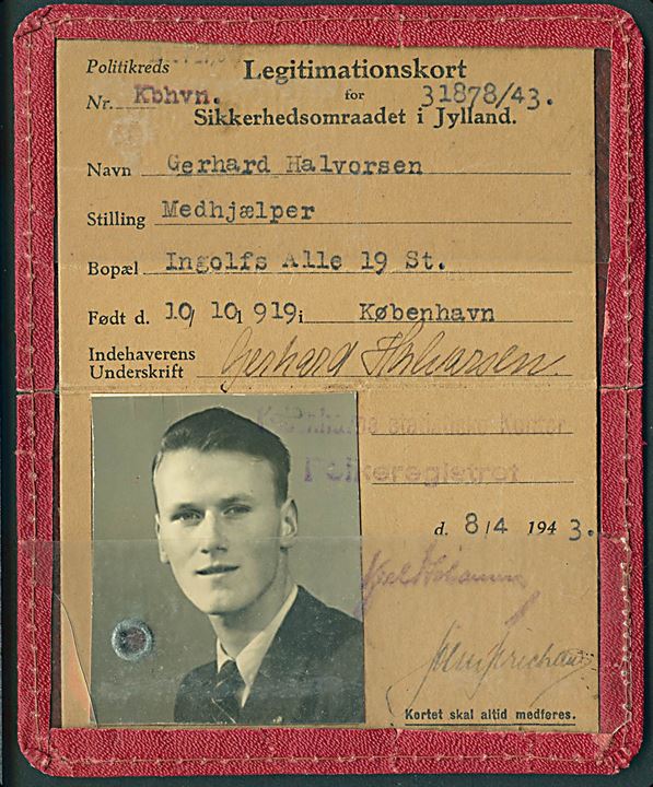 Legimitationskort for Sikkerhedsomraadet i Jylland udstedt i København d. 8.4.1943.